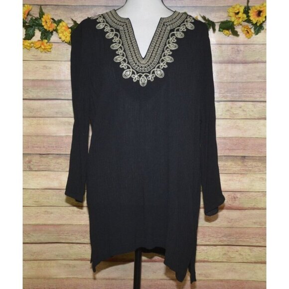 Cathy Daniels Ladies Black Tunic Blouse Top Size M Embroidered V-Neck Crystals - Picture 1 of 9